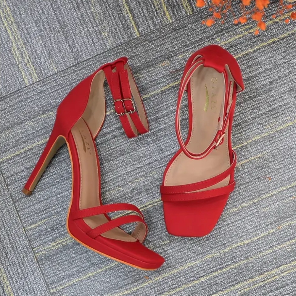 Vibrant Red High Heel Stilettos with Ankle Strap - Picture 7 of 10